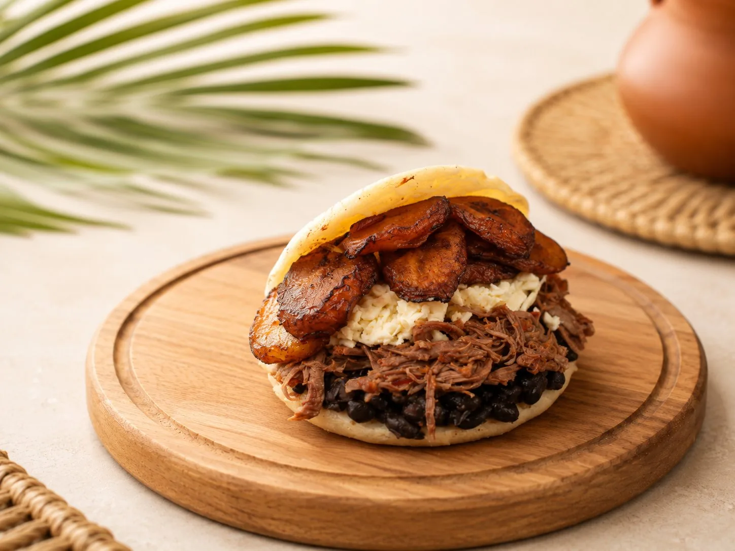 Pabellón Arepa, geöffnet, gefüllt mit gezupftem Rindfleisch, schwarzen Bohnen, Kochbananen und Hirtenkäse.