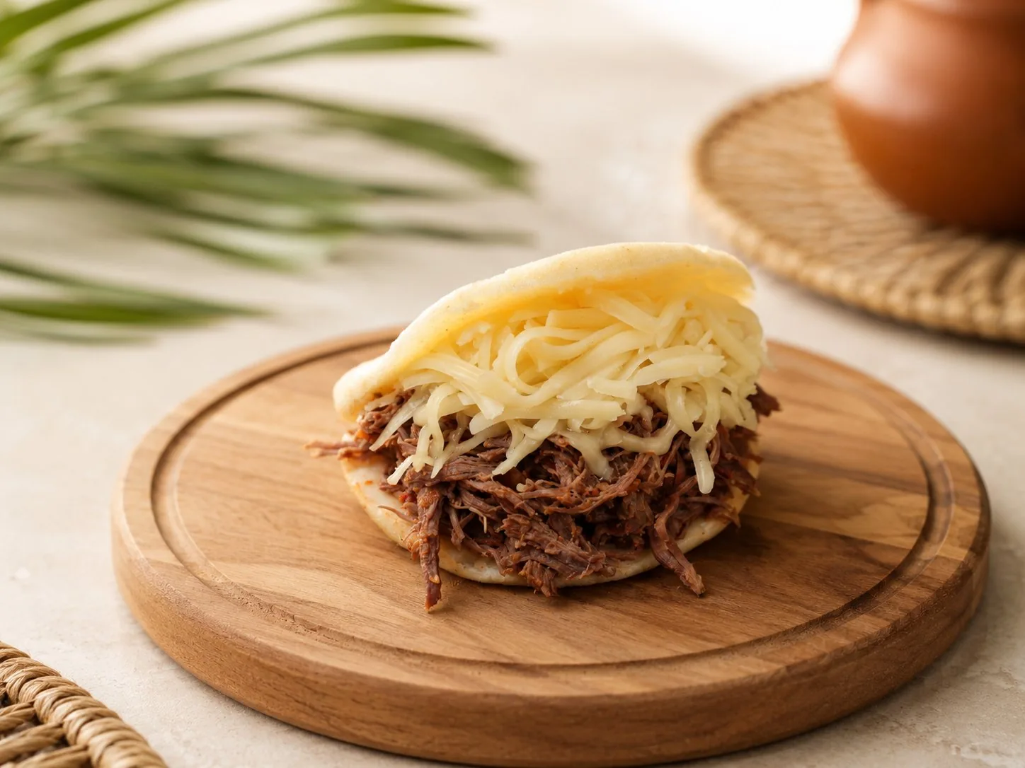 Pelúa Arepa, gefüllt mit gezupftem Rindfleisch und geriebenem Gouda.