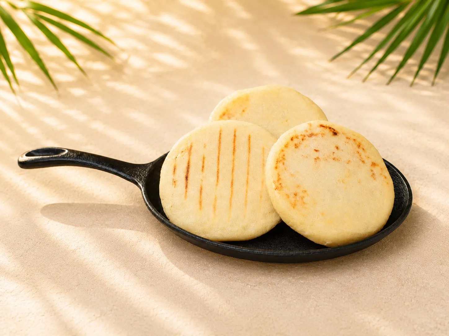 Drei Arepas Viudas ohne Füllung, gegrillt, auf einer gusseisernen Pfanne serviert.