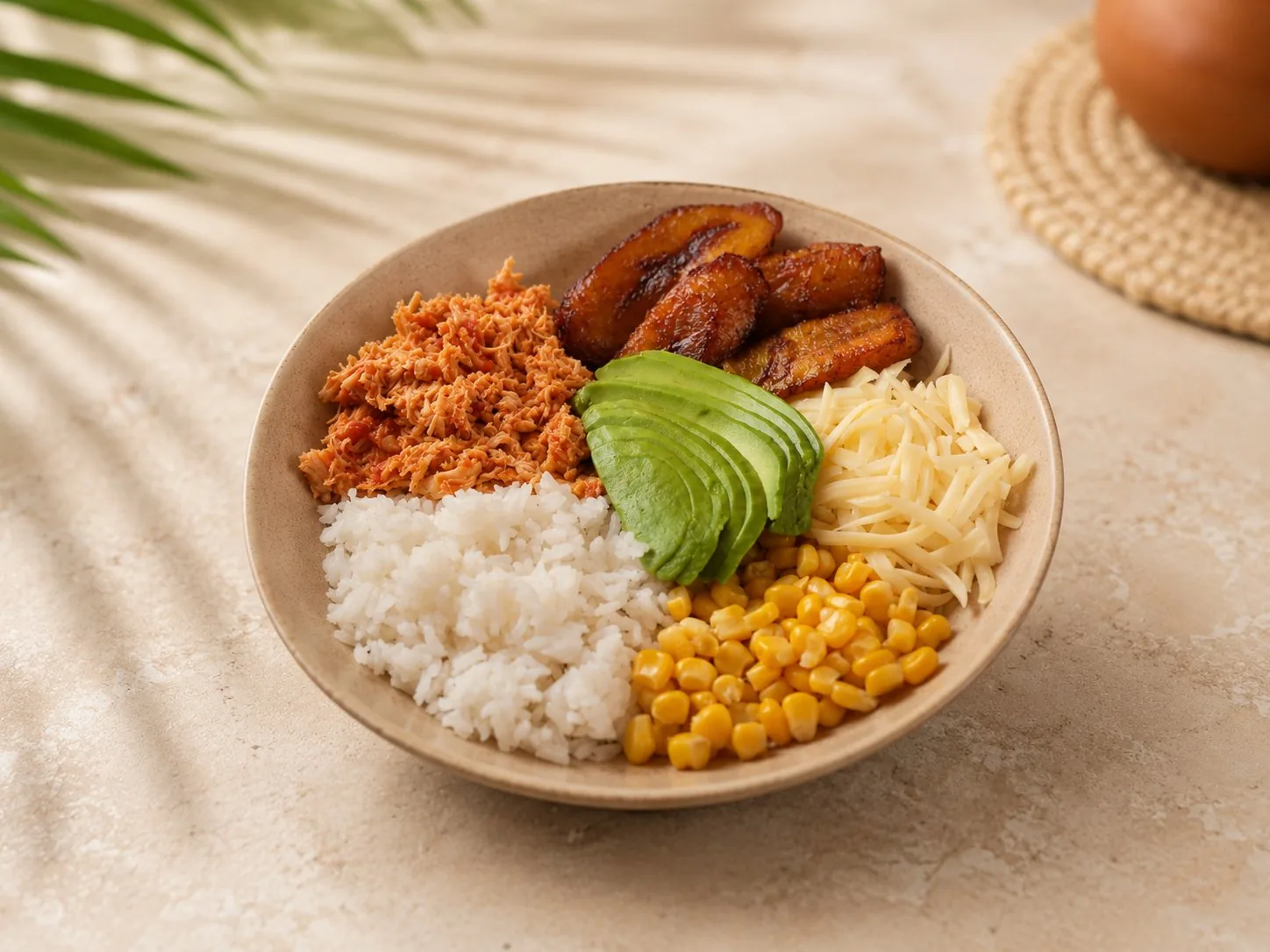 Pollo Bowl mit Reis, Hühnerfleisch in Tomatensauce, gebratenen Kochbananen, Avocado, Mais und Gouda.