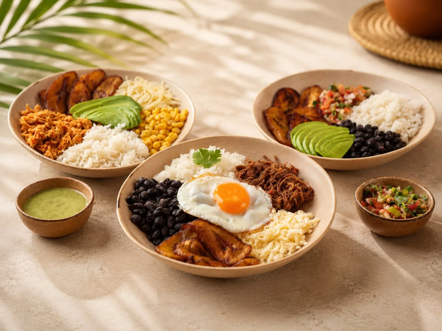 Drei venezolanische Bowls mit Reis, schwarzen Bohnen, Avocado, gebratenen Kochbananen und Hirtenkäse, Spiegelei und gezupftem Rindfleisch.