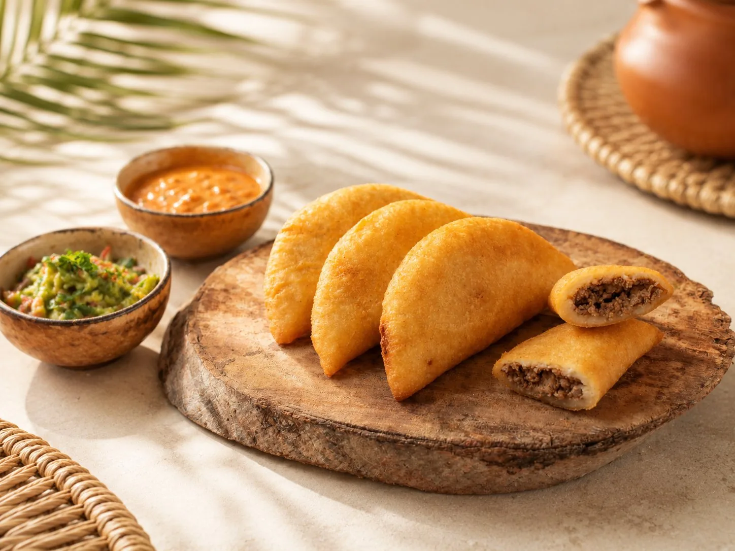 Drei goldbraun frittierte Empanadas aus Maisteig, gefüllt mit Rindfleisch, mit Saucen serviert.