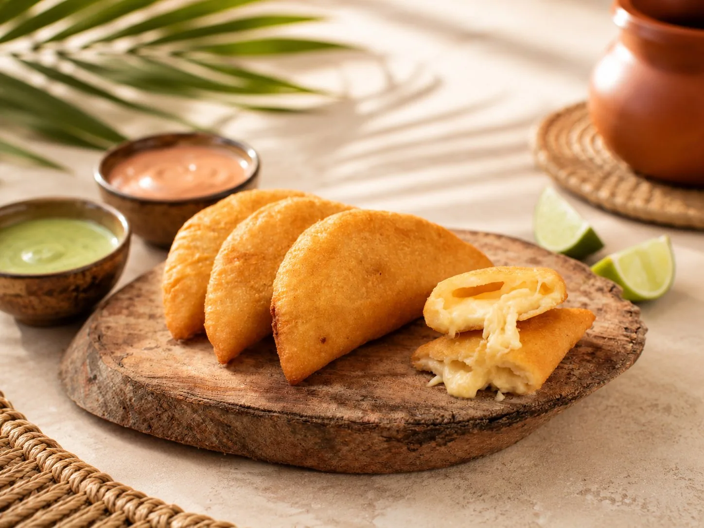 Empanadas aus Maisteig mit geschmolzenem Käse, eine aufgeschnitten zeigt die Füllung.