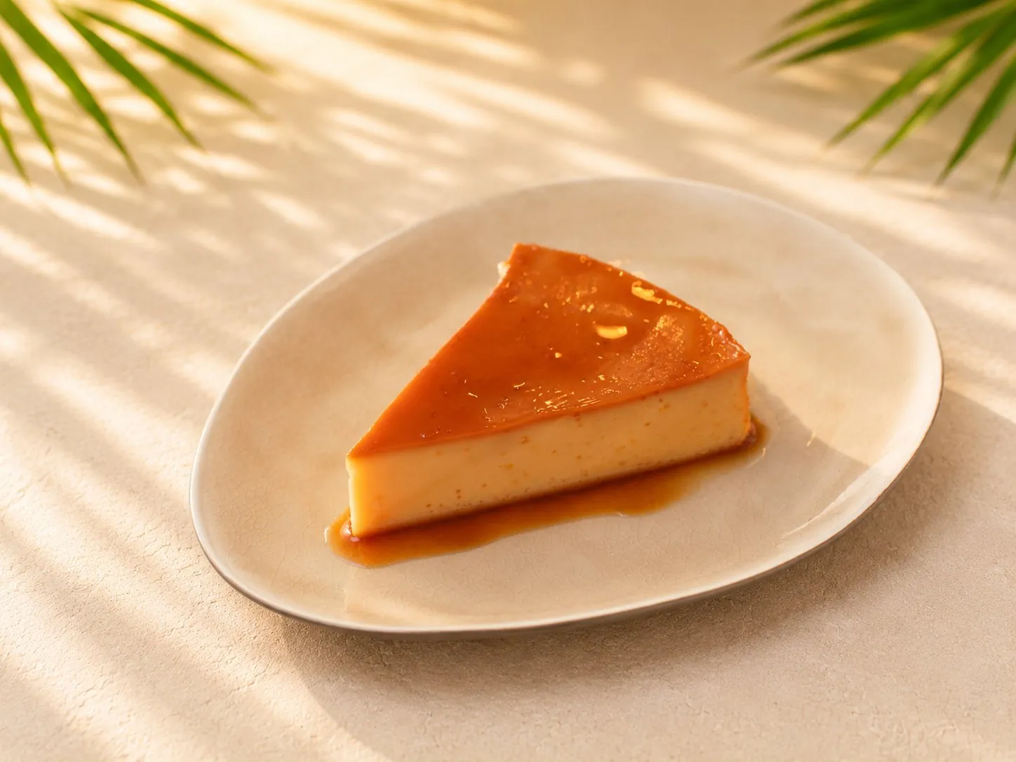 Ein Stück venezolanischer Quesillo (Flan) mit Karamellsauce auf einem hellen Teller.