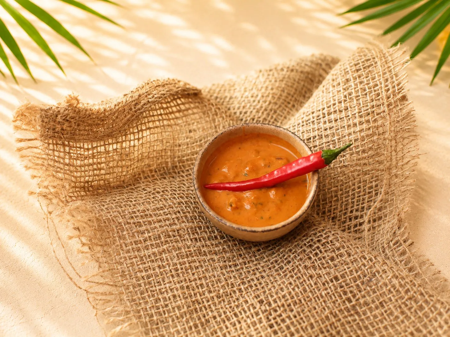 Scharfe rötliche Sauce in einer kleinen Holzschale mit einer roten Chilischote, auf Jute.