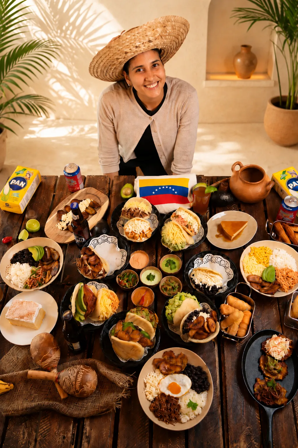 Shehawhe Scacco, Gründerin von Aguacate, lächelnd mit Strohhut hinter einem Tisch voller venezolanischer Spezialitäten und der venezolanischen Flagge.