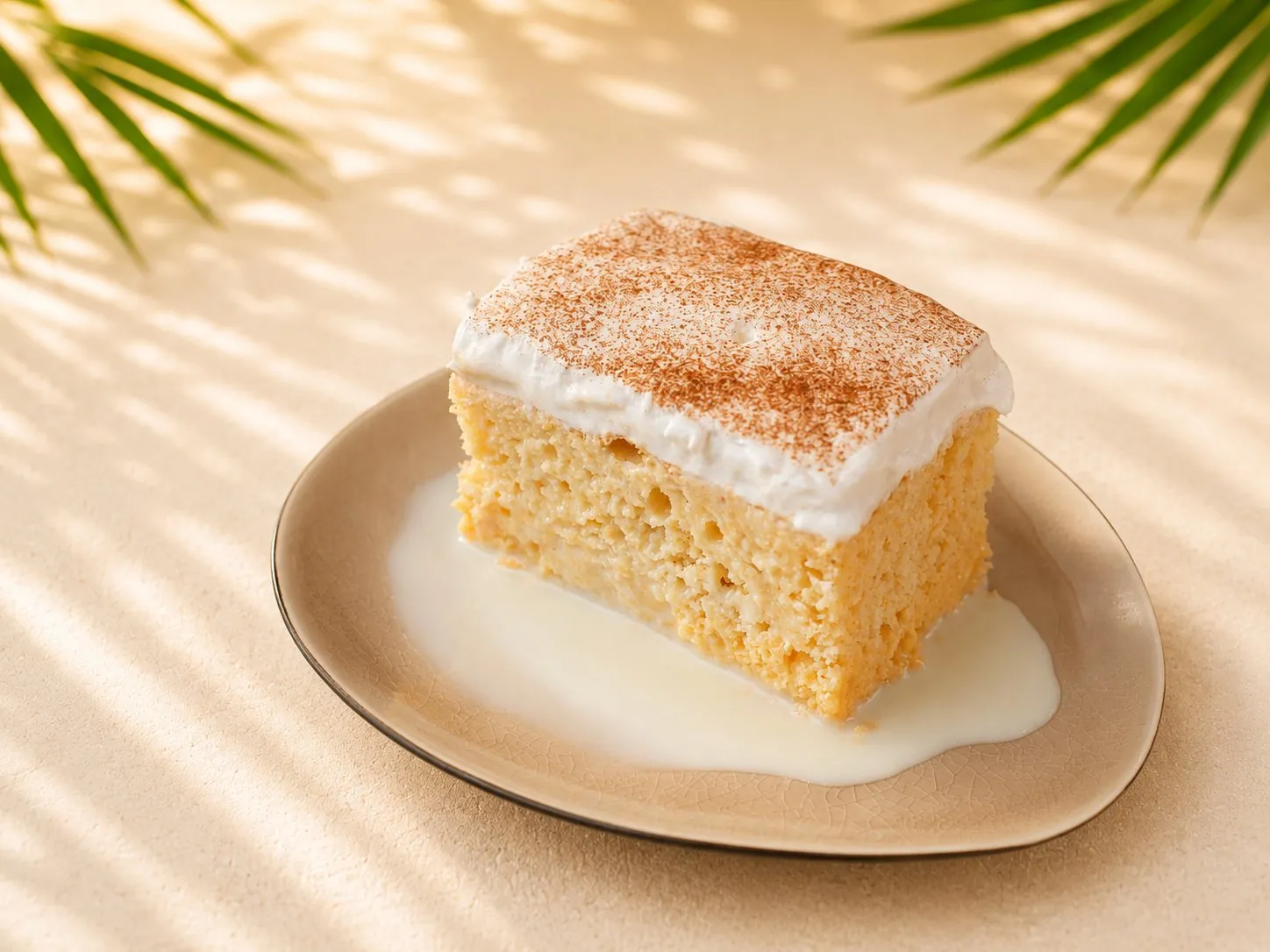 Ein Stück Tres-Leches-Kuchen mit Schlagobers und Zimt, umgeben von Milch auf dem Teller.